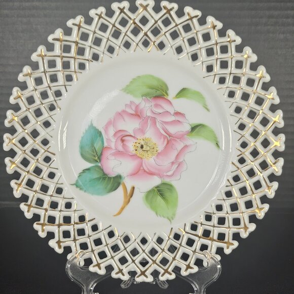 Made In Occupied Japan Decorative Rossetti Pink Floral Plate Lattice Edge - Picture 1 of 10